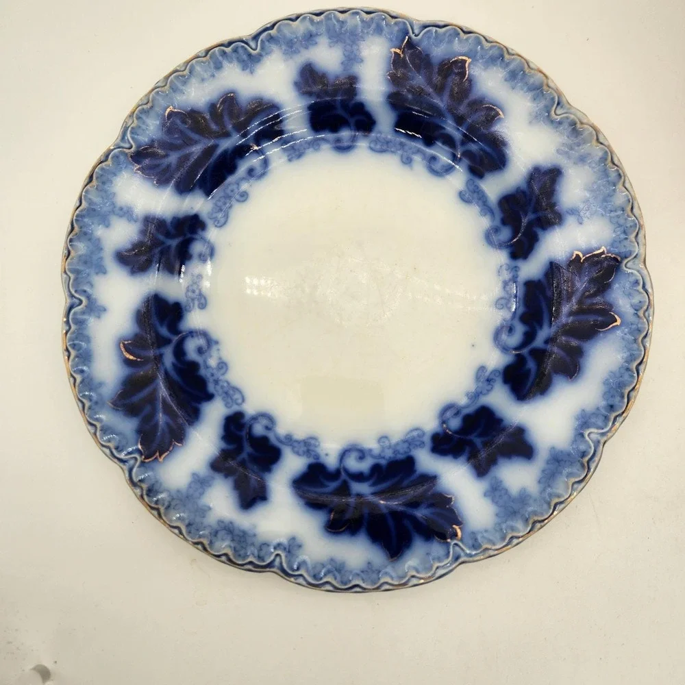Johnson Bros Normandy Flow Blue Leaf 2 Saucers/1 Plate England Vintage Gold Trim